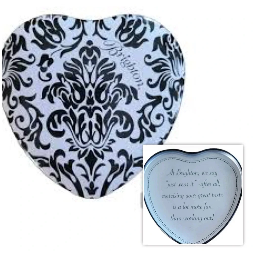 Retired Brighton Black and White Heart-Shaped Damask Decorative Tin Box 3.5”